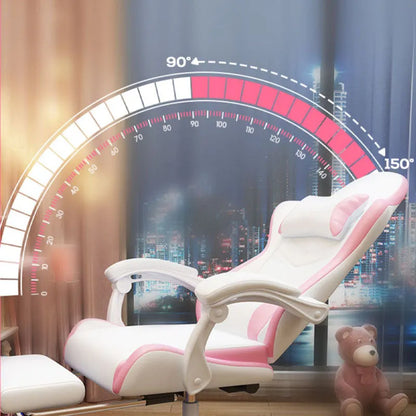 Blue rotatable reclining gaming chair for a girls bedroom with a five-star nylon base and fixed handrails.