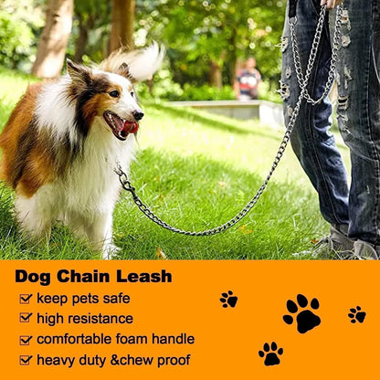 Heavy duty metal dog leash with black chain and soft padded handle, measuring 120cm in length