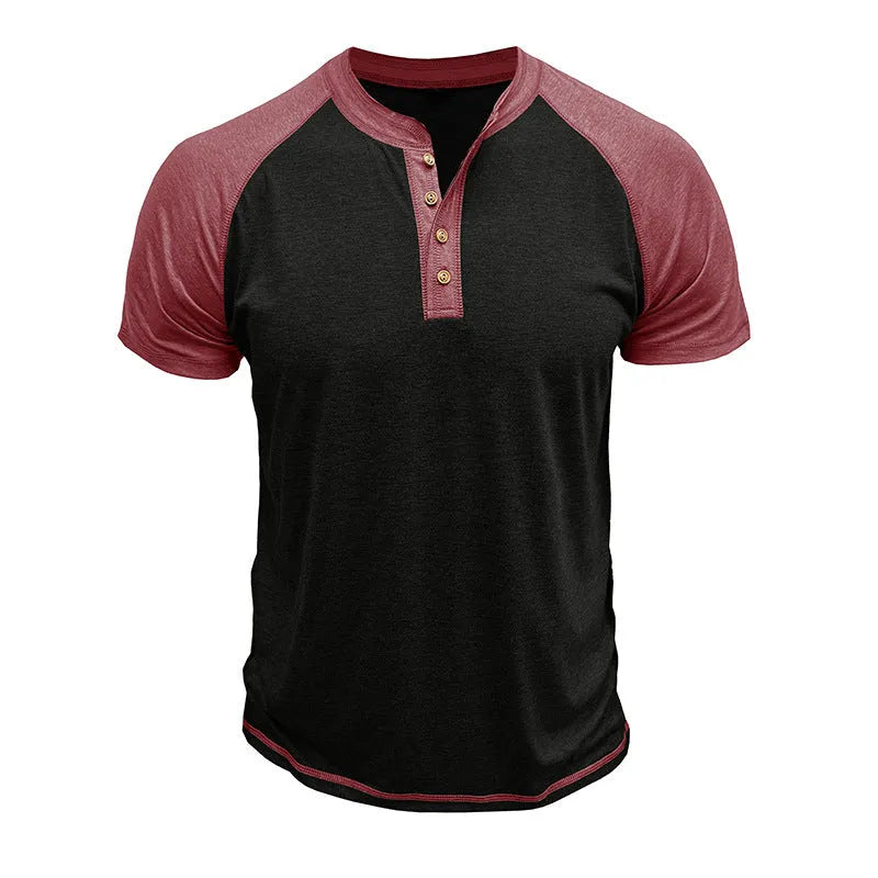 Men's short sleeve top with colour block design showing contrasting colour panels and raglan sleeves