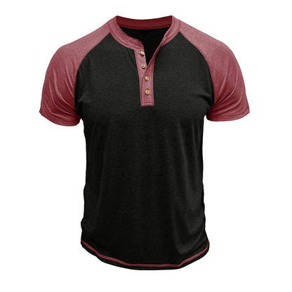 Men's short sleeve top with colour block design showing contrasting colour panels and raglan sleeves