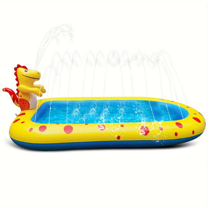 Blue inflatable dinosaur-shaped water spray pool for kids outdoor play