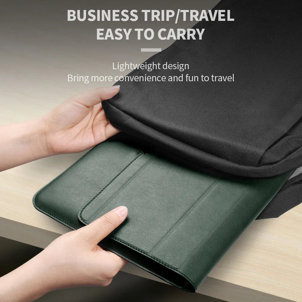 Three-in-one laptop bag in faux leather and plush, shown in black, dark blue, rose gold, grey, dark green, red or camel.