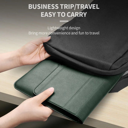 Three-in-one laptop bag in faux leather and plush, shown in black, dark blue, rose gold, grey, dark green, red or camel.
