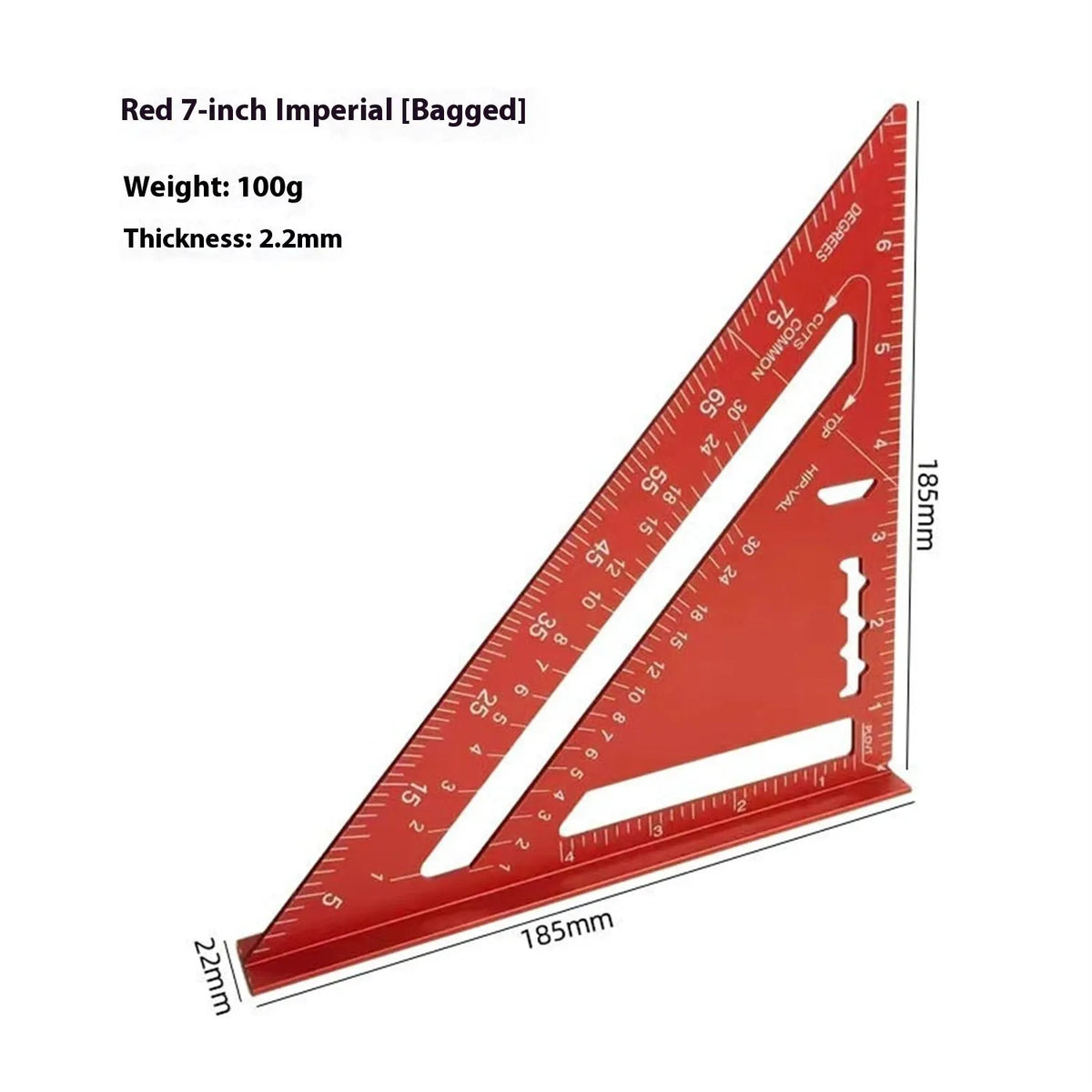Red thin 7-inch metal combination angle ruler with metric scales on both sides for civil surveying