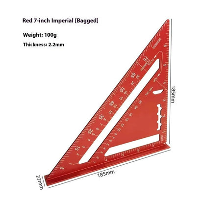 Red thin 7-inch metal combination angle ruler with metric scales on both sides for civil surveying