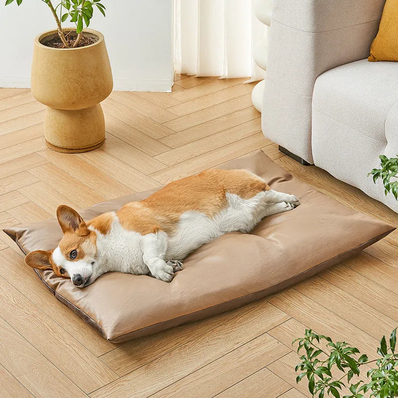 Blue and coffee coloured rectangular pet cooling mat shown in small, medium, large, and extra-large sizes.