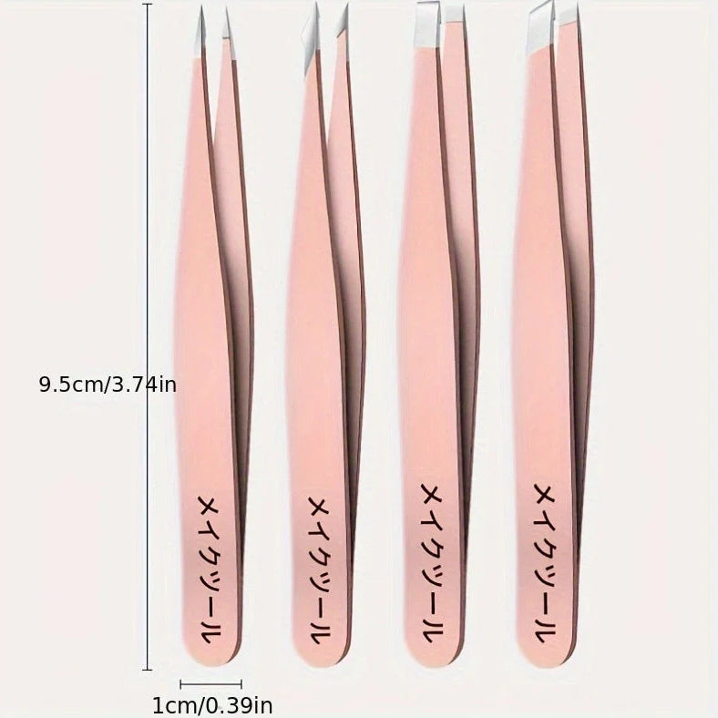 Four stainless steel tweezers arranged together showing 9.5cm length and precision tips