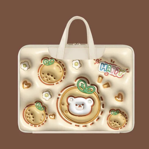 Inflatable laptop bag in PU leather with suitcase attachment strap and cute panda design print