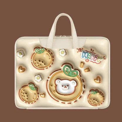 Inflatable laptop bag in PU leather with suitcase attachment strap and cute panda design print