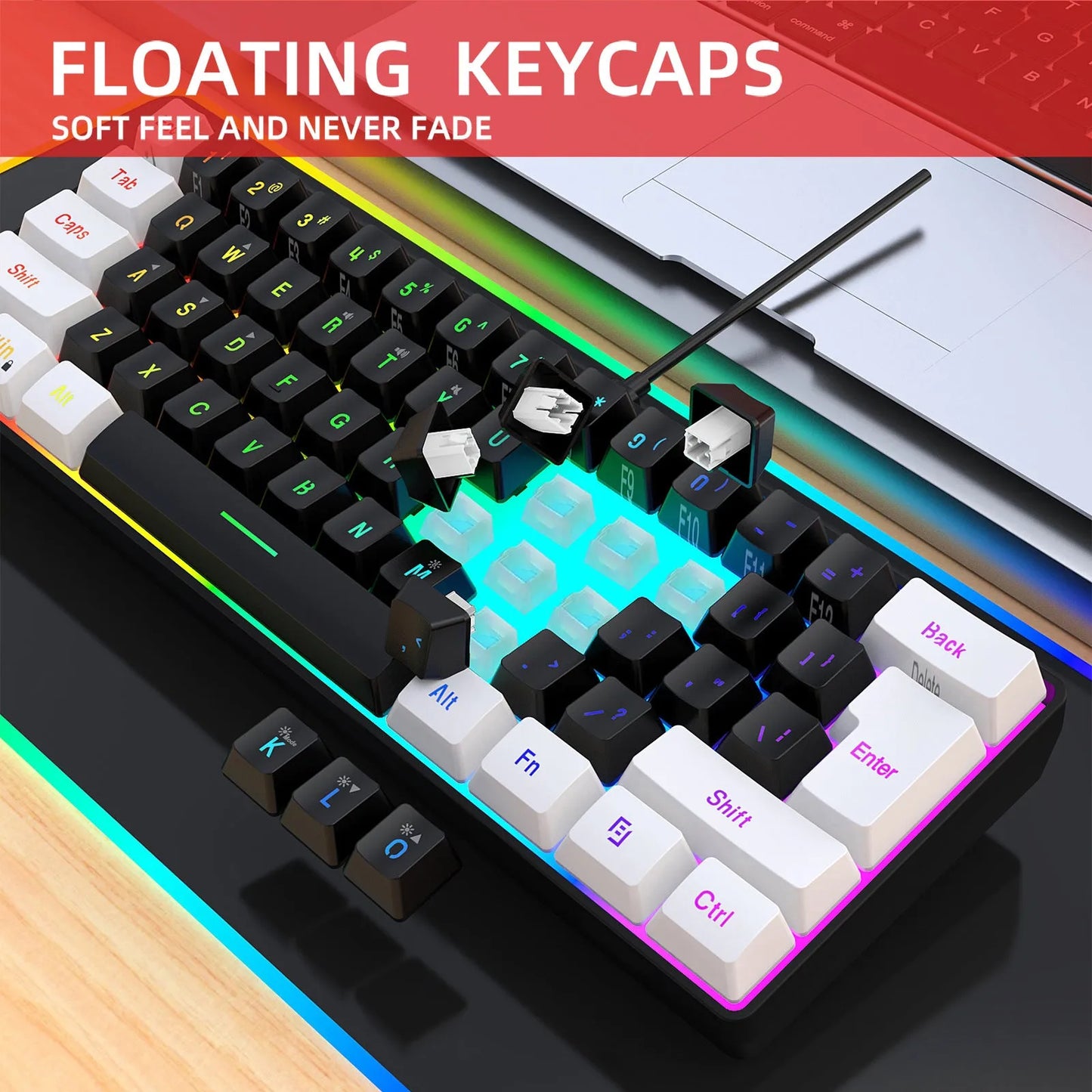 61-key wired membrane keyboard in white and black colour scheme with compact design