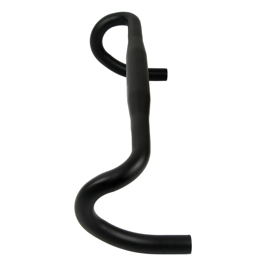 Black aluminium alloy road bike drop handlebar with printed UNO logo showing bend profile