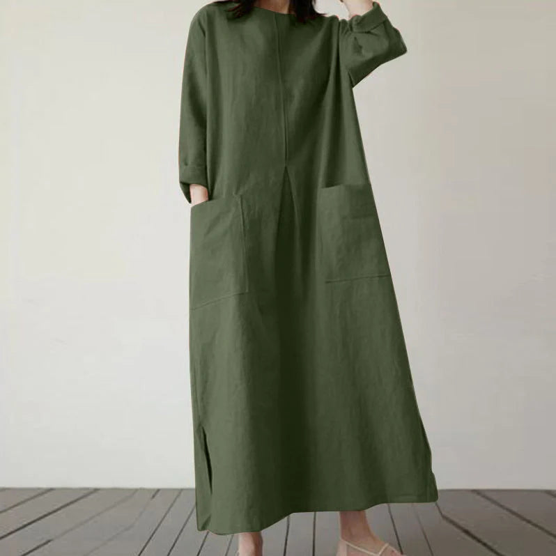 Elegant autumn dress made of premium cotton fabric, with a flattering wide waistline and available in a range of classic autumn colours.