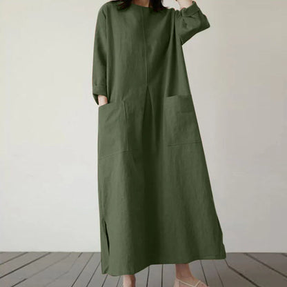 Elegant autumn dress made of premium cotton fabric, with a flattering wide waistline and available in a range of classic autumn colours.