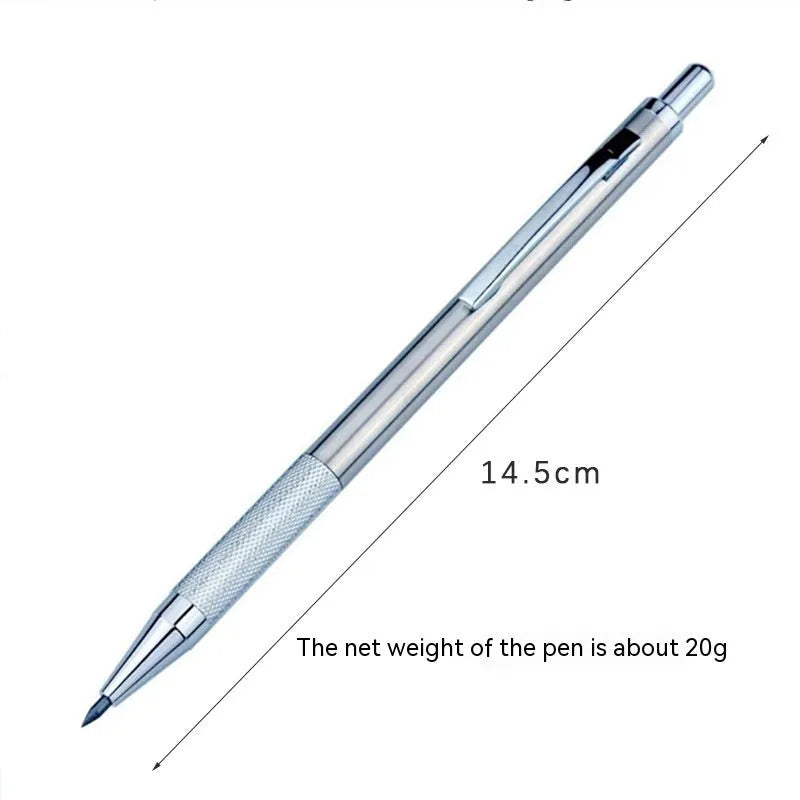 Metal automatic mechanical pencil showing multiple lead diameter options including 0.5 mm, 0.7 mm, 0.9 mm, 1.3 mm, and 2.0 mm
