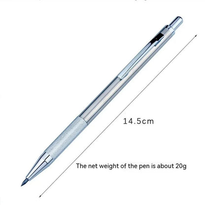 Metal automatic mechanical pencil showing multiple lead diameter options including 0.5 mm, 0.7 mm, 0.9 mm, 1.3 mm, and 2.0 mm