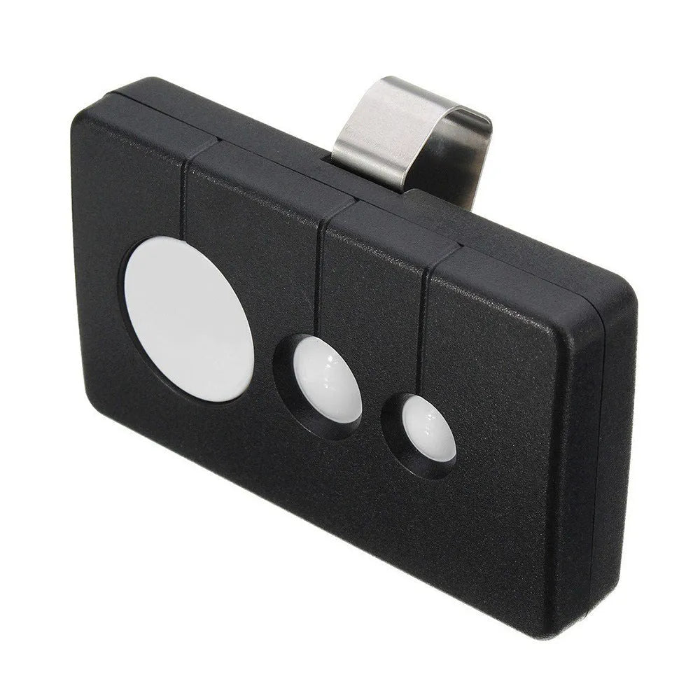 Black three-key garage door remote control with 390 MHz frequency and Rolling Code technology.