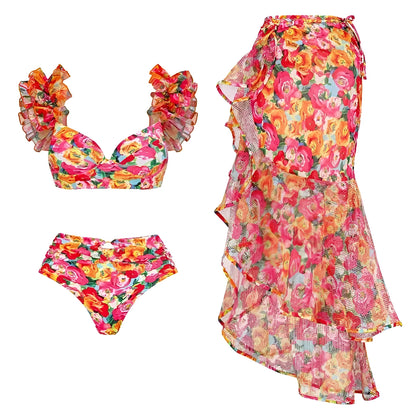 Women's floral push-up bikini set with high-waist briefs and split side design