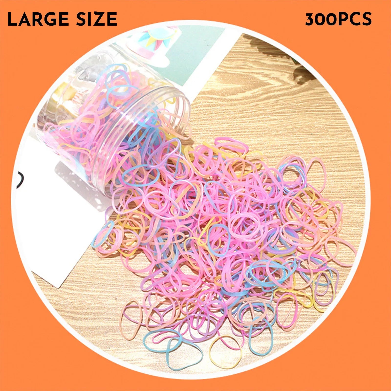 Assorted colourful thin TPU baby hair ties for toddlers and kids in a reusable plastic storage container.