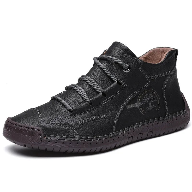 Men's brown leather mid-top boots with front lace-up and rubber sole