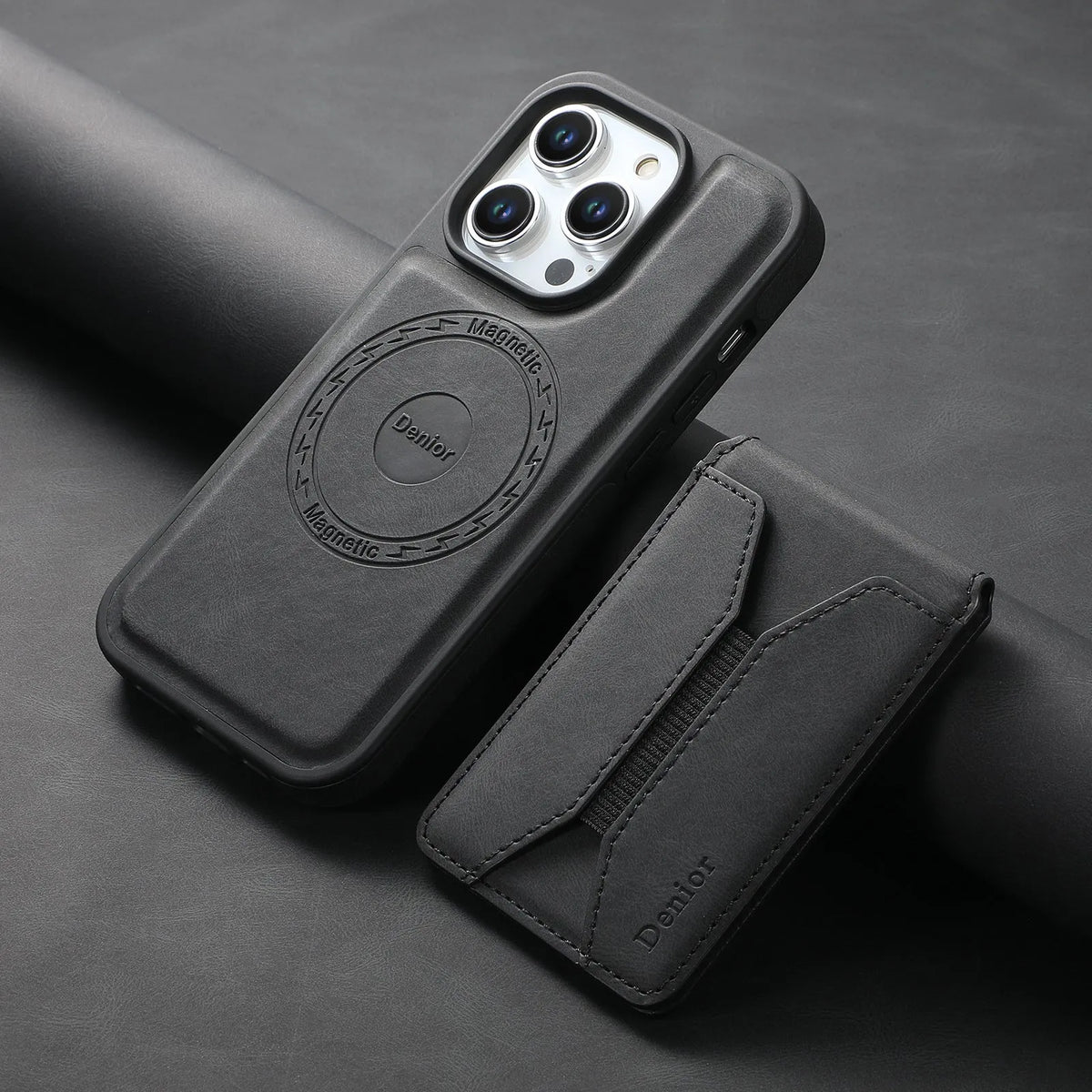 Magnetic iPhone case with rotating bracket and card pack in blue, brown, or black imitation leather.
