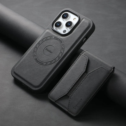Magnetic iPhone case with rotating bracket and card pack in blue, brown, or black imitation leather.