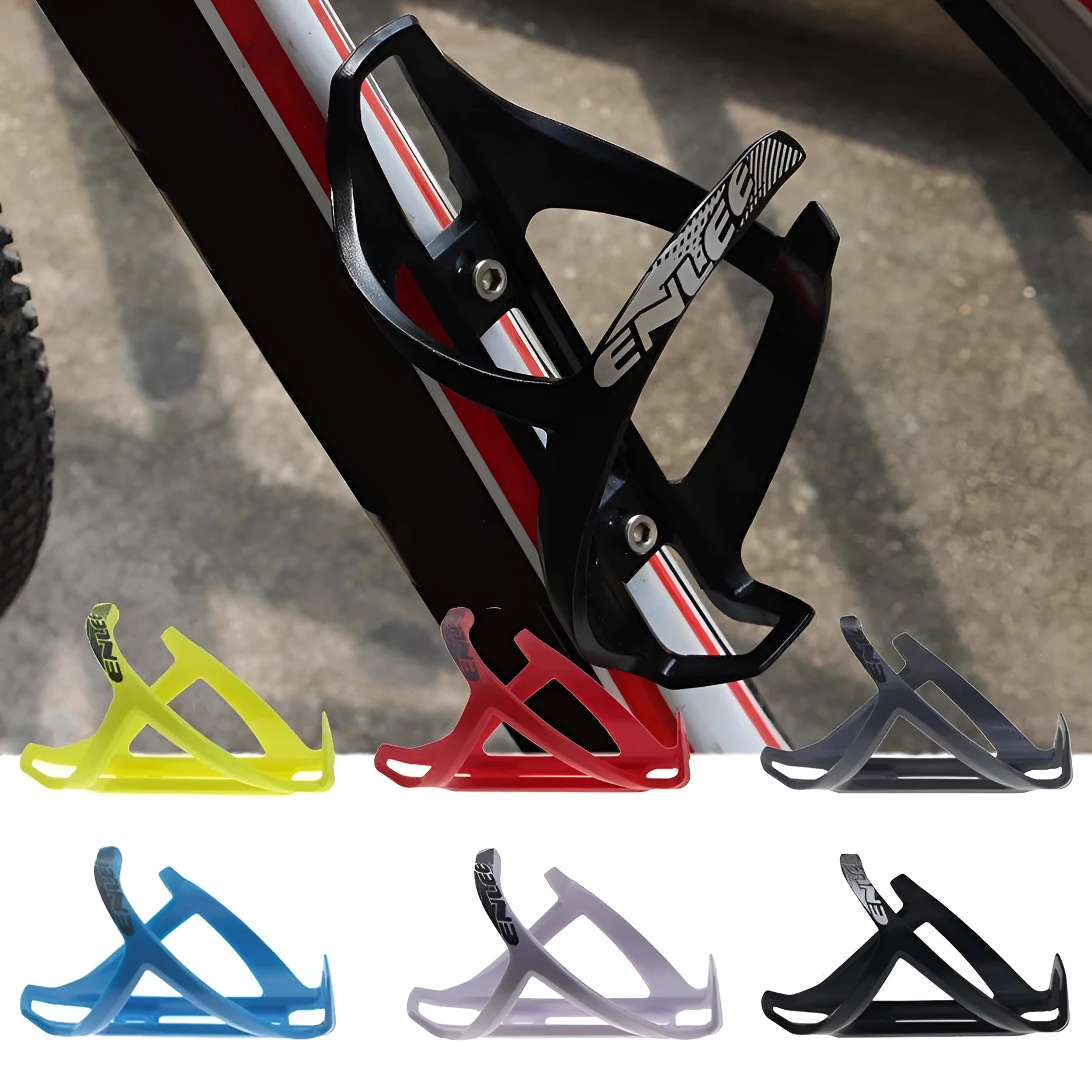 TPR plastic mountain bike water bottle cage in choice of six colours.