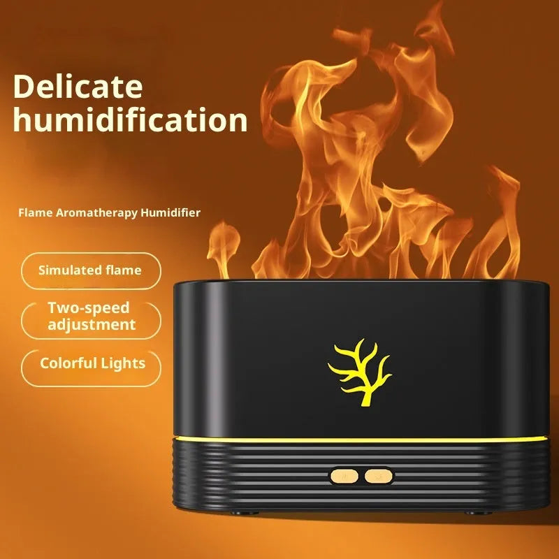 Square plastic 3D simulation flame aroma diffuser, USB powered, 5W, white or black, with ambience light and timer