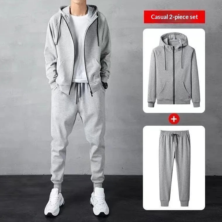 Men's cotton zip-up hoodie and long pants set in black or gray, casual spring tracksuit, sizes M to 4XL