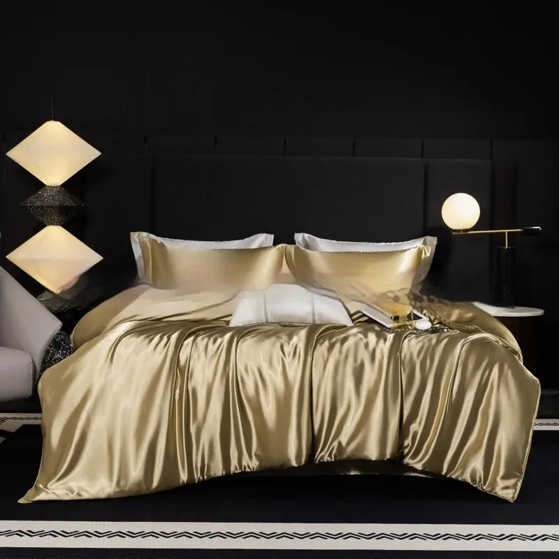 Household Fashion silk bed sheet four-piece set in Ash Purple colour on UK double bed