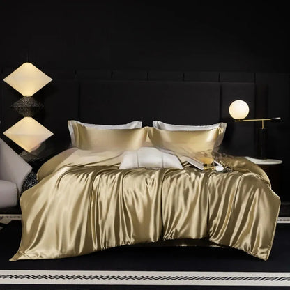 Household Fashion silk bed sheet four-piece set in Ash Purple colour on UK double bed