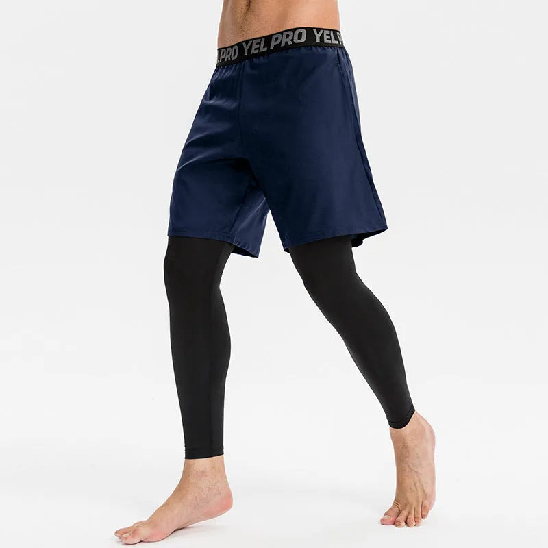 Men's tight fitness pants in polyester spandex fabric showing quick-dry properties and high elastic compression for athletic training