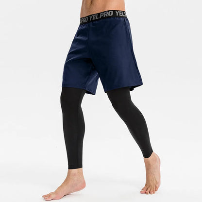 Men's tight fitness pants in polyester spandex fabric showing quick-dry properties and high elastic compression for athletic training