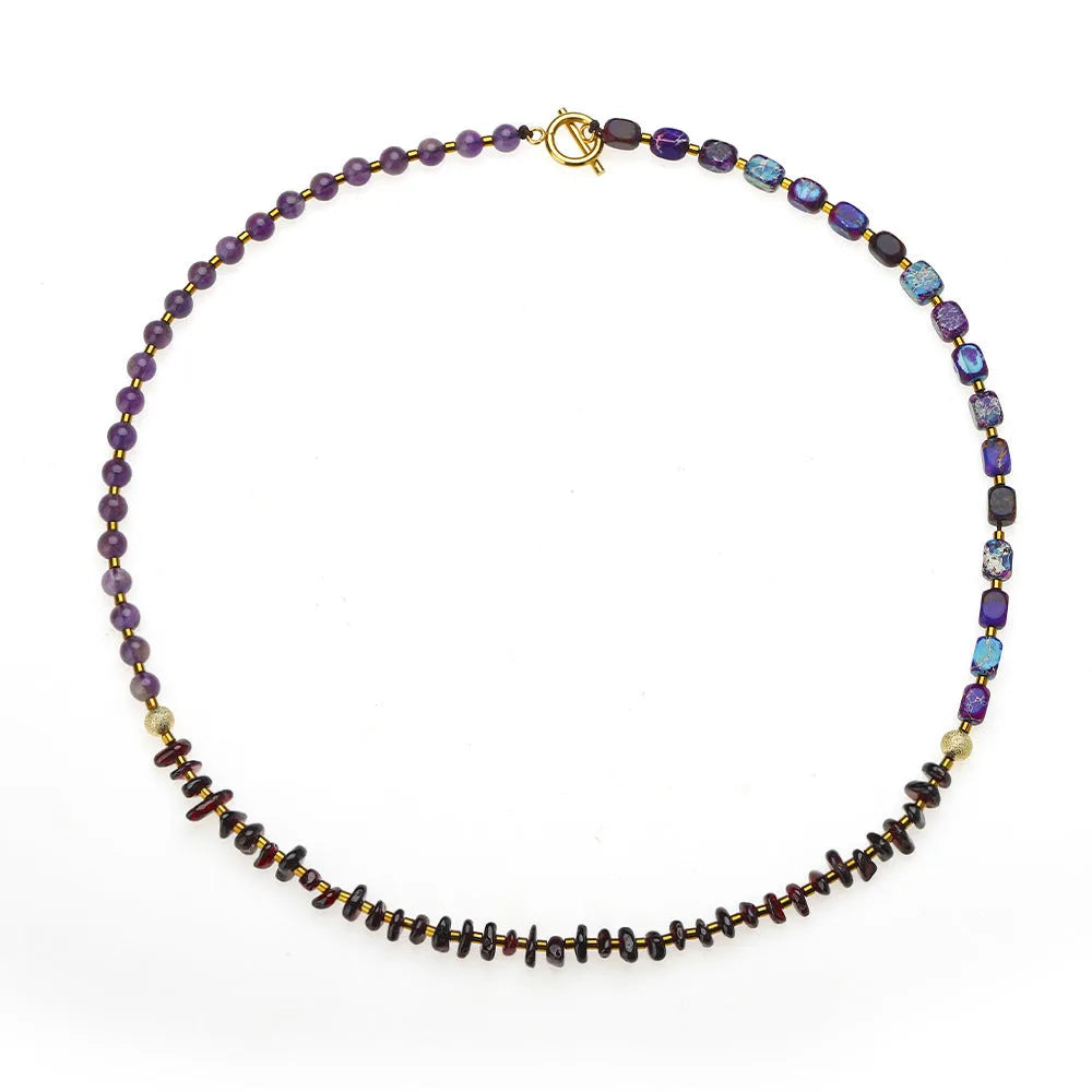 Purple amethyst and garnet stone bracelet with geometric design and adjustable sizing