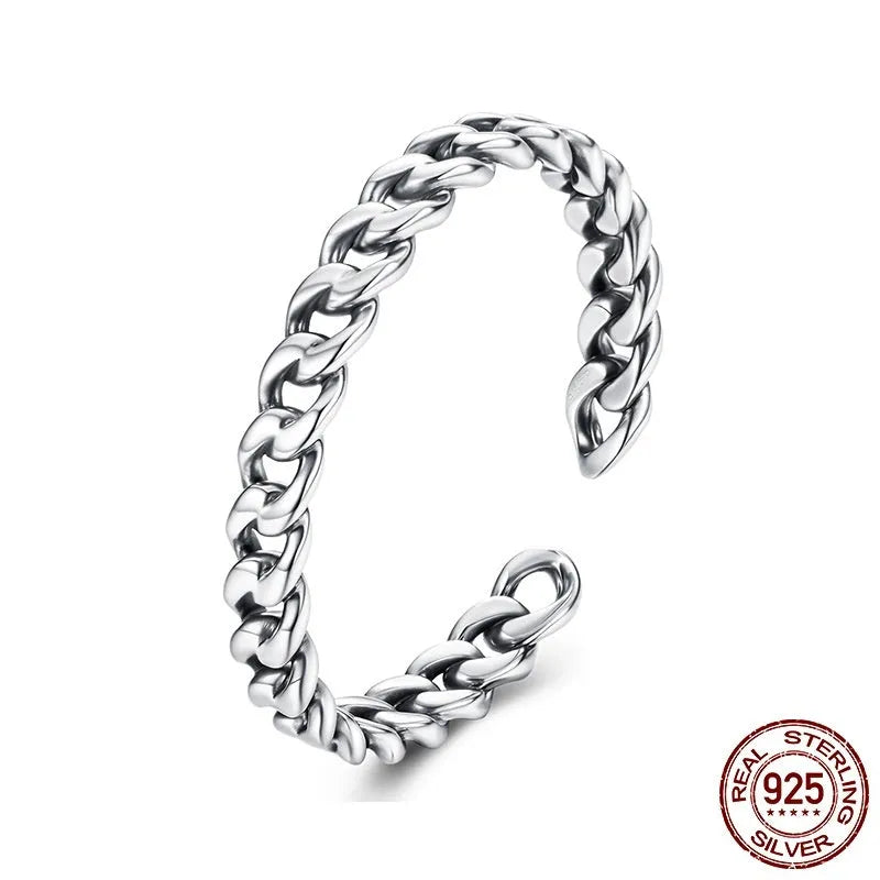 S925 sterling silver Cuban link chain open ring with adjustable opening and polished finish, women's silver ring in SCR1129-E