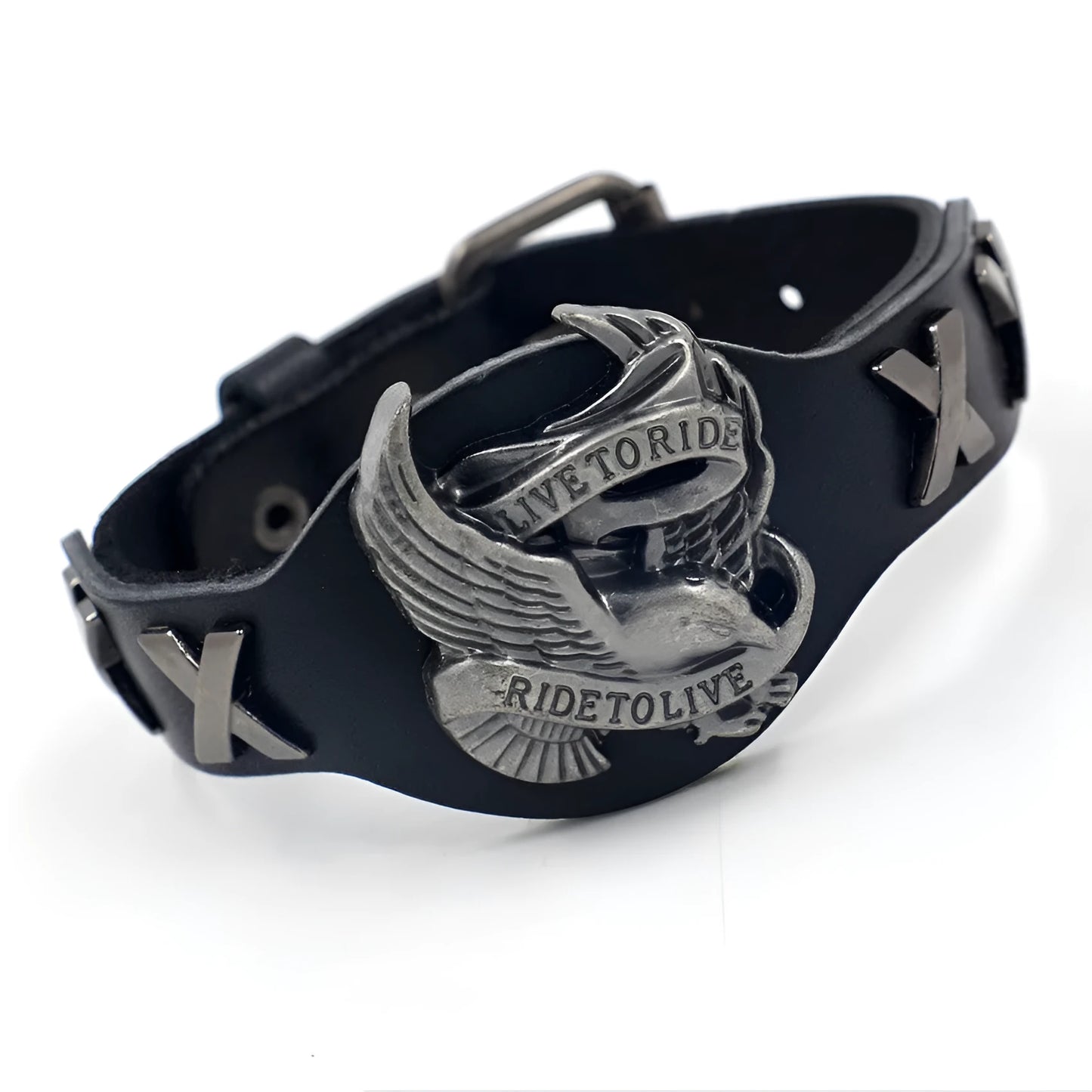 Black geometric leather bracelet with a detailed alloy eagle watch buckle closure.