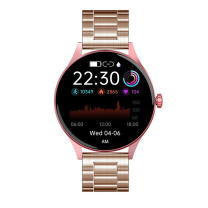 Smart watch with blood sugar and heart rate monitoring on wrist showing AMOLED display