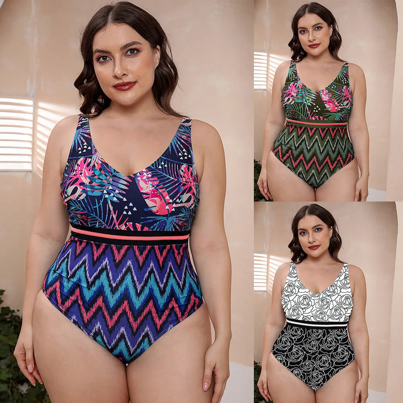 One-piece swimsuit for women in a spaghetti straps striped vest style with a printed design, available in sizes from M to 4XL, made from a stretch fabric of nylon and polyester lining suitable for swimming, wading, and sports.