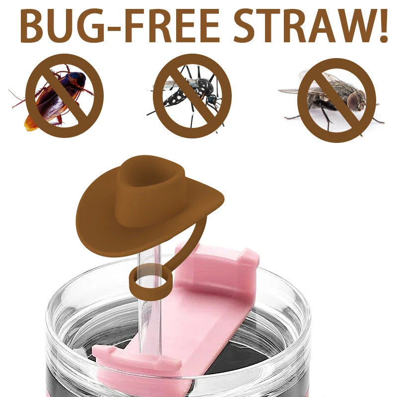 Stylish cowboy hat-shaped straw covers made of food-grade silicone in vibrant macaroon colors for protecting and decorating drinks