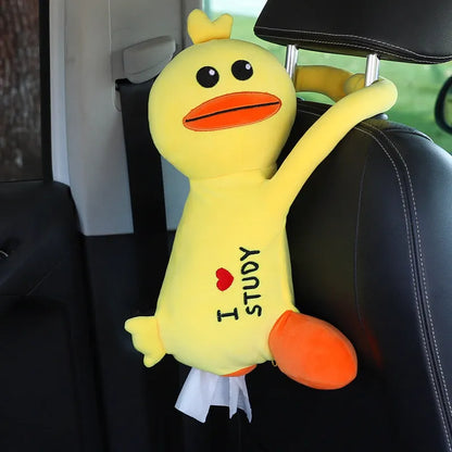 Plush animal design tissue box holder mounted on back of car seat