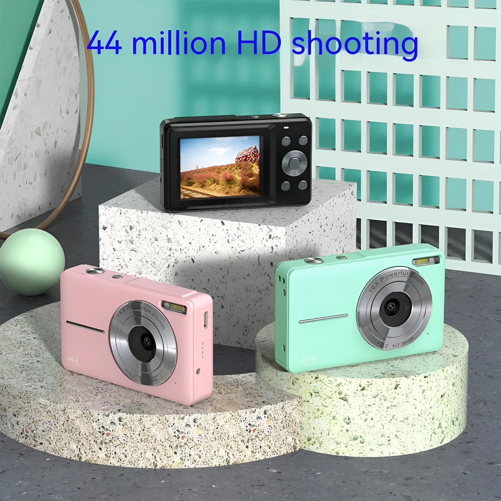 Colourful children's mini digital camera with large screen, showing black, pink and green options with lanyard.