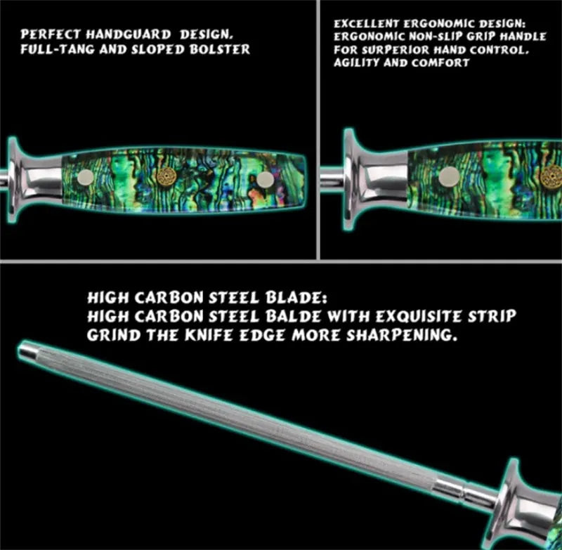Household kitchen knife sharpener with high carbon steel blade and 2.2mm thickness for home cooking prep, featuring 60 HRC hardness, diamond particles for effective sharpening, and abalone shell handle, designed for manual sharpening of domestic knives