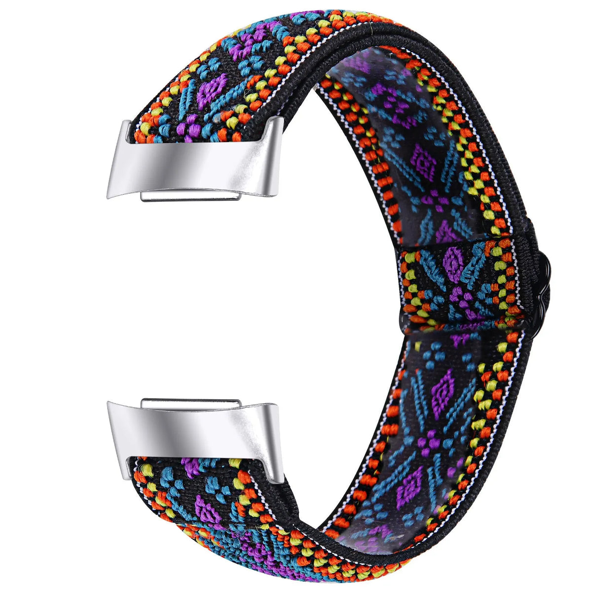 Printed elastic watch strap compatible with Fitbit Charge 6 shown in adjustable position