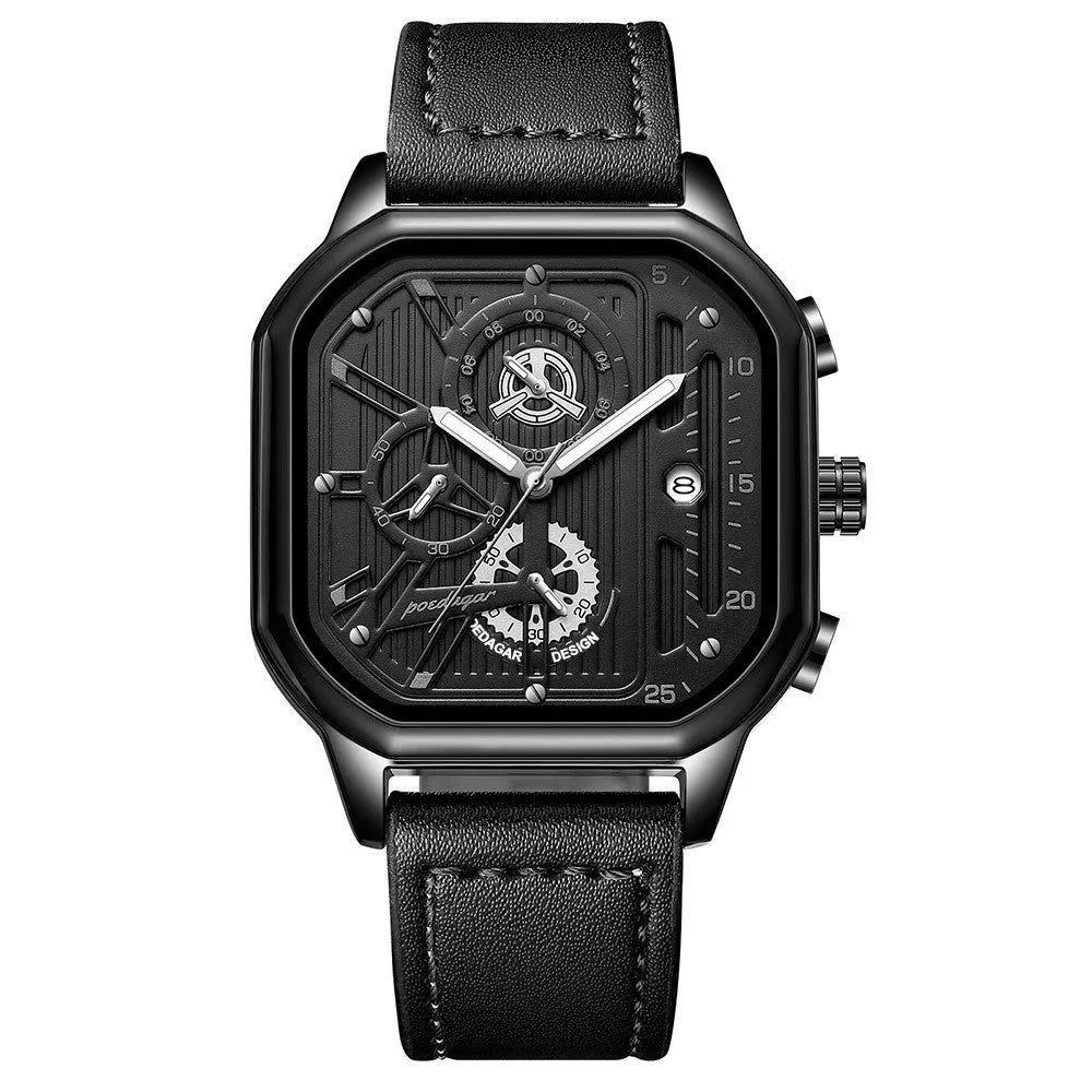 Men's black and gold belt-style quartz sports watch on wrist, 8mm thick case.