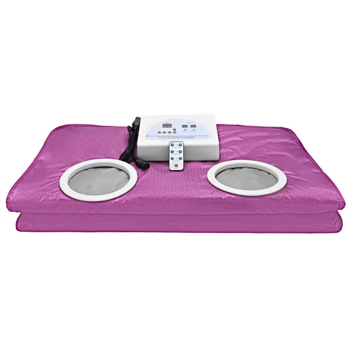 650W electric sauna blanket in grey, pink, or purple, with remote control, sleeves, and power cord.
