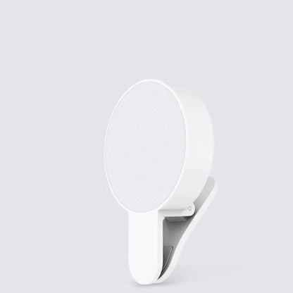 Compact white selfie fill light for mobile phones with USB cable, showing 9 LED beads and three-level dimming switch.