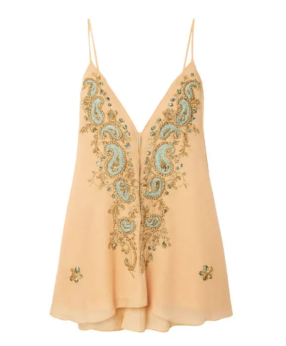 Sleeveless ethnic print dress skirt with V-neck and strap design in light yellow polyester fabric, short length temperament commute style suitable for Asian sizing XS, S, M, L, XL with manual measurement tolerance