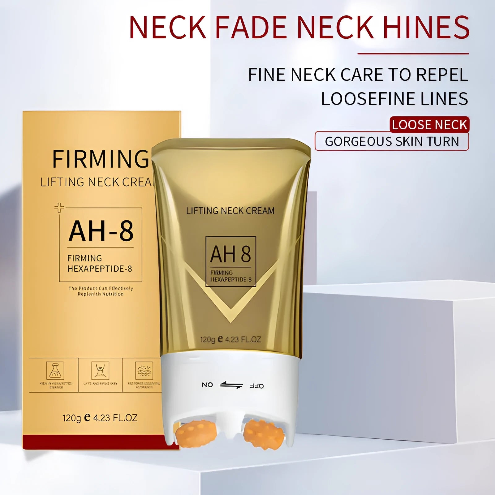 120g jar of neck firming cream with built-in massage roller applicator