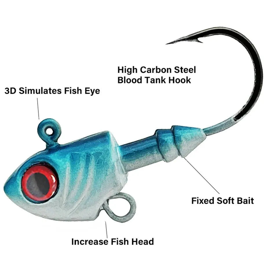 Yayu shaped lead head fishing hooks in blue, silver, and yellow with weight options from 3.5g to 28g