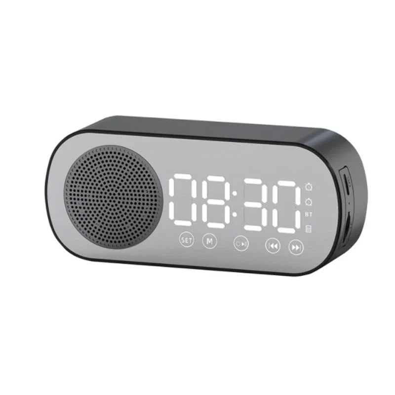 Versatile Bluetooth alarm clock with mirror finish, FM radio, and phone holder