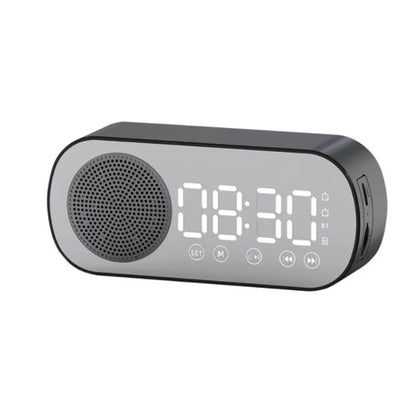 Versatile Bluetooth alarm clock with mirror finish, FM radio, and phone holder